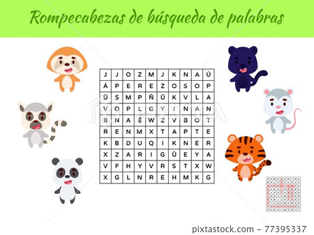 Word search puzzle. Educational game for study Spanish words. Kids activity worksheet colorful printable version with answers. Vector stock illustration Word search puzzle. Educational game for study Spanish words. Kids activity worksheet colorful printable version with answers. Vector stock illustration 77395337