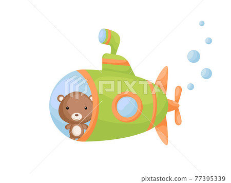 Cute little bear sail on green submarine. Cartoon character for childrens book, album, baby shower, greeting card, party invitation, house interior. Vector stock illustration. Cute little bear sail on green submarine. Cartoon character for childrens book, album, baby shower, greeting card, party invitation, house interior. Vector stock illustration. 77395339