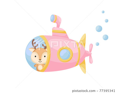 Cute little deer sail on pink submarine. Cartoon character for childrens book, album, baby shower, greeting card, party invitation, house interior. Vector stock illustration. Cute little deer sail on pink submarine. Cartoon character for childrens book, album, baby shower, greeting card, party invitation, house interior. Vector stock illustration. 77395341