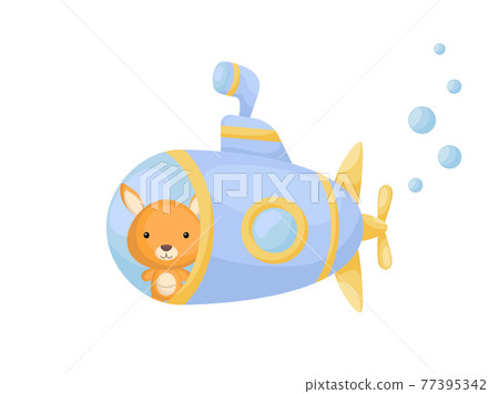 Cute little kangaroo sail on blue submarine. Cartoon character for childrens book, album, baby shower, greeting card, party invitation, house interior. Vector stock illustration. Cute little kangaroo sail on blue submarine. Cartoon character for childrens book, album, baby shower, greeting card, party invitation, house interior. Vector stock illustration. 77395342