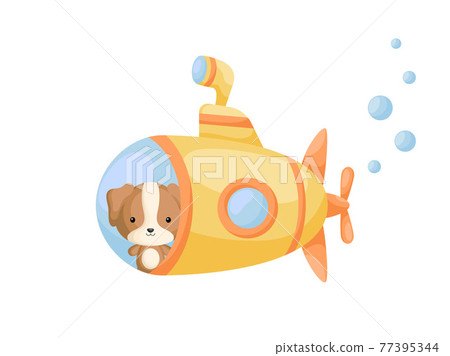 Cute little dog sail on yellow submarine. Cartoon character for childrens book, album, baby shower, greeting card, party invitation, house interior. Vector stock illustration. Cute little dog sail on yellow submarine. Cartoon character for childrens book, album, baby shower, greeting card, party invitation, house interior. Vector stock illustration. 77395344
