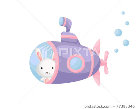 Cute little hare sail on violet submarine. Cartoon character for childrens book, album, baby shower, greeting card, party invitation, house interior. Vector stock illustration. Cute little hare sail on violet submarine. Cartoon character for childrens book, album, baby shower, greeting card, party invitation, house interior. Vector stock illustration. 77395346