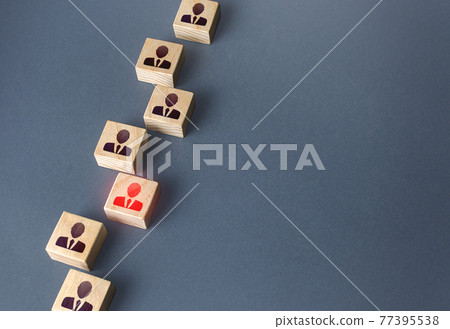 Red figurine of a businessman in a chain of people. Violation of the integrity of the system, non-conformist. Burnout at work, physical and psychological exhaustion. Incompetent unreliable employee 77395538