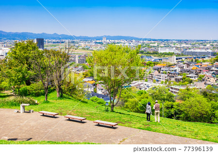 Suburban residential area seen from the fresh green hill Suburban residential area seen from the fresh green hill 77396139