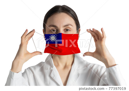 Respirator with flag of Republic of China Doctor puts on medical face mask isolated on white background 77397019