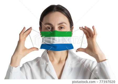 Respirator with flag of Sierra Leone Doctor puts on medical face mask isolated on white background Respirator with flag of Sierra Leone Doctor puts on medical face mask isolated on white background 77397020
