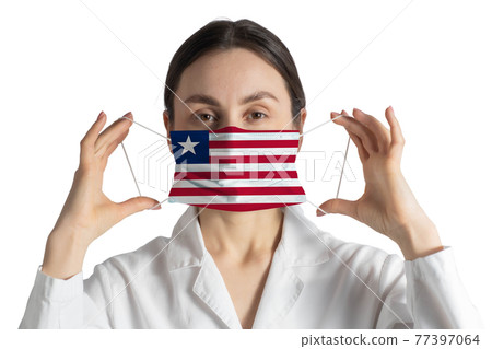 Respirator with flag of Liberia Doctor puts on medical face mask isolated on white background Respirator with flag of Liberia Doctor puts on medical face mask isolated on white background 77397064