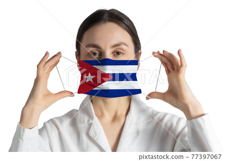 Respirator with flag of Cuba Doctor puts on medical face mask isolated on white background Respirator with flag of Cuba Doctor puts on medical face mask isolated on white background 77397067