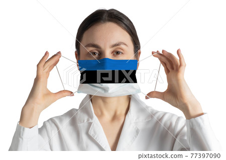 Respirator with flag of Estonia Doctor puts on medical face mask isolated on white background Respirator with flag of Estonia Doctor puts on medical face mask isolated on white background 77397090