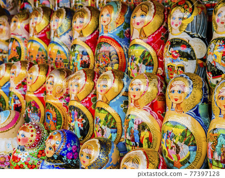 Colorful display of traditional matryoshka dolls, typical souvenir from Moscow, Russia 77397128