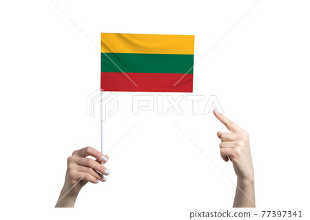 A beautiful female hand holds a Lithuania flag to which she shows the finger of her other hand, isolated on white background A beautiful female hand holds a Lithuania flag to which she shows the finger of her other hand, isolated on white background 77397341