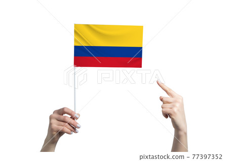 A beautiful female hand holds a Colombia flag to which she shows the finger of her other hand, isolated on white background A beautiful female hand holds a Colombia flag to which she shows the finger of her other hand, isolated on white background 77397352