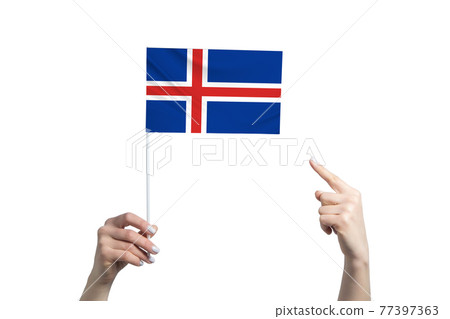 A beautiful female hand holds a Iceland flag to which she shows the finger of her other hand, isolated on white background A beautiful female hand holds a Iceland flag to which she shows the finger of her other hand, isolated on white background 77397363