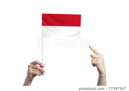 A beautiful female hand holds a Indonesia flag to which she shows the finger of her other hand, isolated on white background A beautiful female hand holds a Indonesia flag to which she shows the finger of her other hand, isolated on white background 77397367