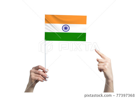 A beautiful female hand holds a India flag to which she shows the finger of her other hand, isolated on white background A beautiful female hand holds a India flag to which she shows the finger of her other hand, isolated on white background 77397368