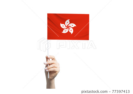Beautiful female hand holding Hong Kong flag, isolated on white background 77397413