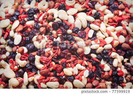 Mix of nuts, raisins and barberry for a quick bite (vintage photo effect) Mix of nuts, raisins and barberry for a quick bite (vintage photo effect) 77399919