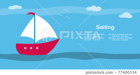 Flat illustration of a red sailing ship at sea with seagulls. Traveler s postcard. 77400334