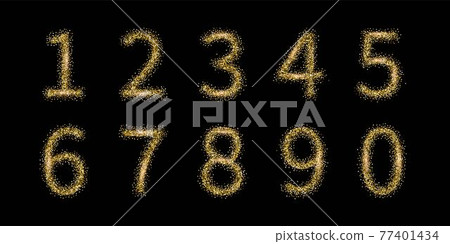 Golden glitter numbers set on black background. Birthday, jubilee or wedding anniversary date template vector illustration. Invitation to celebrate. Shiny number elements 77401434