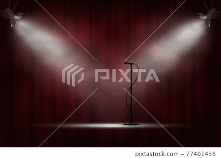 Microphone standing on stage in spotlight, red curtain background. Comedy show opening, celebration event, announcement, performance vector illustration. Ceremony invitation scene Microphone standing on stage in spotlight, red curtain background. Comedy show opening, celebration event, announcement, performance vector illustration. Ceremony invitation scene 77401438