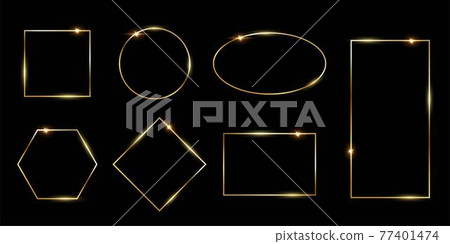 Rectangular and round golden photo or picture frames in different proportions and sizes isolated on black background. Vector luxury borders set. Square, rectangle, oval, rhombus, hexagon and circle 77401474