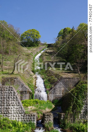 Sabo facility in Otari Village, Shinshu, salt water, Hikagezawa, high head channel construction, stone-clad channel construction on a slope with a slope of 1/2 77401487