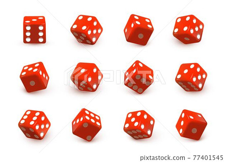 Red dice cubes for gambling set. Casino craps and playing games vector illustration. Poker cubes rolling and throwing, random numbers with dots isolated on white background Red dice cubes for gambling set. Casino craps and playing games vector illustration. Poker cubes rolling and throwing, random numbers with dots isolated on white background 77401545
