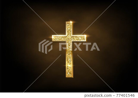 Religious crusifix symbol on brown fog background. Vector golden shiny orthodox cross 77401546