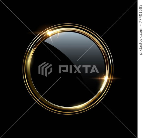 Golden round metal rings around glass circle. Shining abstract triple frame. Yellow shiny circular lines. Modern futuristic graphic vector illustration. Flares glowing effect Golden round metal rings around glass circle. Shining abstract triple frame. Yellow shiny circular lines. Modern futuristic graphic vector illustration. Flares glowing effect 77401585