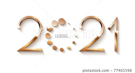 Happy 2021 new year loading concept. Gold icon of number showing progress with dots. Holiday decoration or invitation card vector illustration. Shiny modern sign downloading 77401598