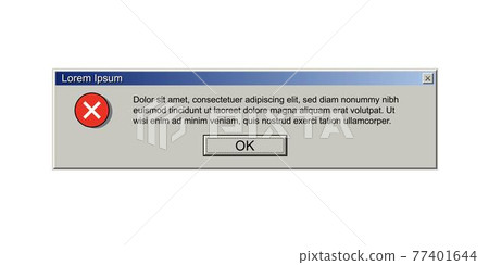 Old computer window with error message. Retro pc interface with problem or glitch, vintage web browser alert, software system bug. 90s screen vector illustration. Program failure 77401644