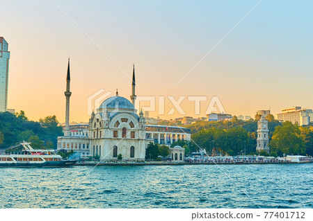 Muslim mosque in Turkey. View from the Bosphorus. Istanbul architecture Muslim mosque in Turkey. View from the Bosphorus. Istanbul architecture 77401712