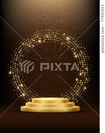 Golden podium with haflftone circle ring and glitter. Shining abstract background with gold elements. Yellow shiny circular podium. Modern futuristic graphic vector illustration. Glowing decoration 77401951