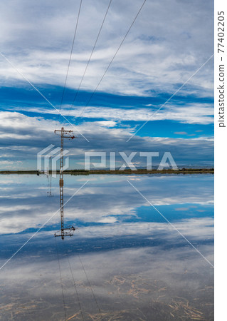 Flooded fields after the storm with power towers Flooded fields after the storm with power towers 77402205