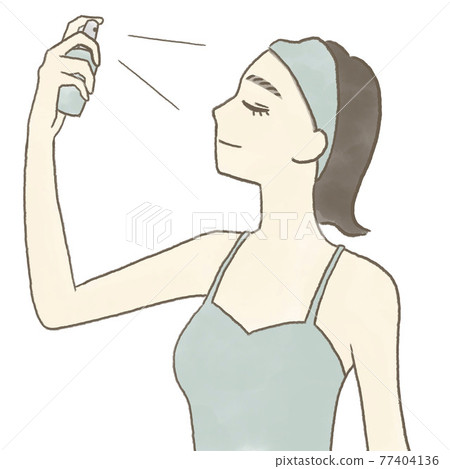 Hand-drawn illustration of a woman spraying a lotion spray on her face 77404136