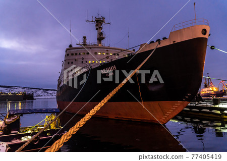 Russia. January 6, 2020. The first nuclear-powered icebreaker Lenin. Currently, the ship is a museum, moored in the seaport of Murmansk. Russia. January 6, 2020. The first nuclear-powered icebreaker Lenin. Currently, the ship is a museum, moored in the seaport of Murmansk. 77405419