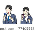 Young men and women in suits who are impatient when looking at their smartphones 77405552