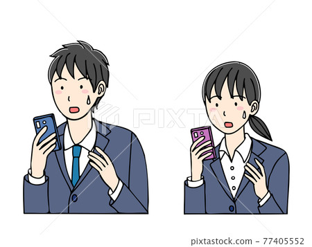 Young men and women in suits who are impatient when looking at their smartphones 77405552
