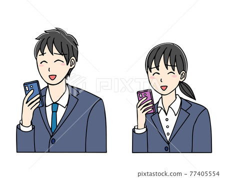 Young men and women in suits looking at their smartphones with a smile 77405554