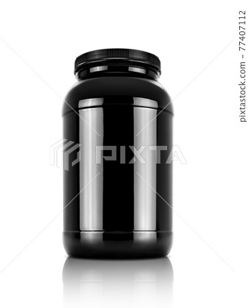 black whey protein product bottle isolated on white background 77407112