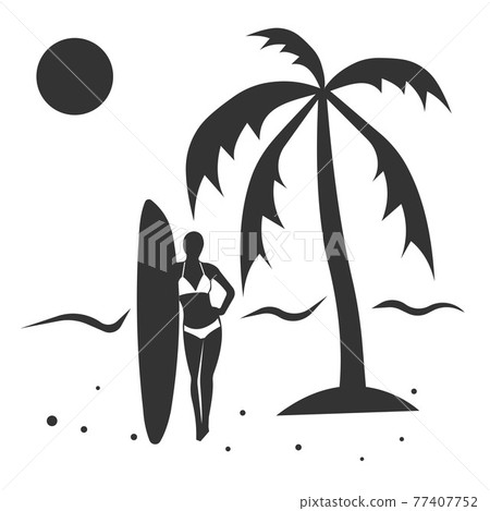 Icon of a girl with a surfboard on the beach. Icon of a girl with a surfboard on the beach. 77407752
