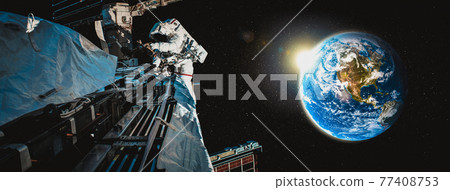 Astronaut spaceman do spacewalk while working for space station 77408753