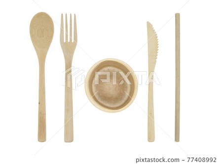 Bamboo wood cutlery, disposable fork, spoon and knife made of natural material isolated on white background. Bamboo wood cutlery, disposable fork, spoon and knife made of natural material isolated on white background. 77408992