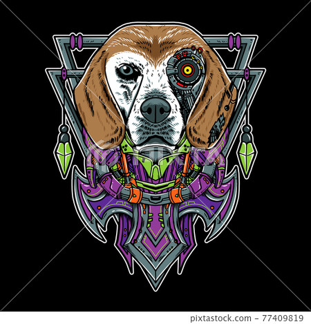Cool beagle dog pet vector geometry robotic illustration. Isolated on black background. Suitable for poster, flyer, greeting cards, sticker, social media and tshirt design 77409819