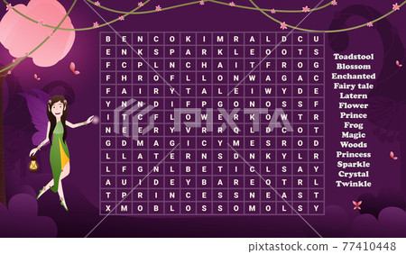 Word seach game for kids, fantasy world fairy concept with cute character in woodland, educational riddle Word seach game for kids, fantasy world fairy concept with cute character in woodland, educational riddle 77410448