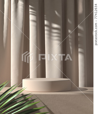 Modern Minimal Product Stand Display With Sunshade Palm Leaf Shadow On Brown Curtain Abstract Background 3d Render Modern Minimal Product Stand Display With Sunshade Palm Leaf Shadow On Brown Curtain Abstract Background 3d Render 77412634