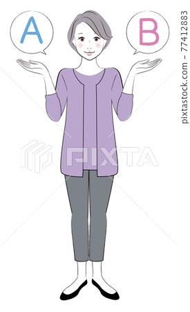 Senior woman comparing A and B Senior woman comparing A and B 77412883