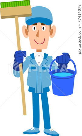Male cleaning worker with a brush and bucket 77414078
