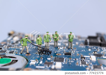 Miniature people Police And Detective are working on a computer mainboard Miniature people Police And Detective are working on a computer mainboard 77415774