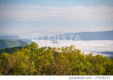 A landscape of Aso grasslands with a refreshing early summer sea of clouds A landscape of Aso grasslands with a refreshing early summer sea of clouds 77416117